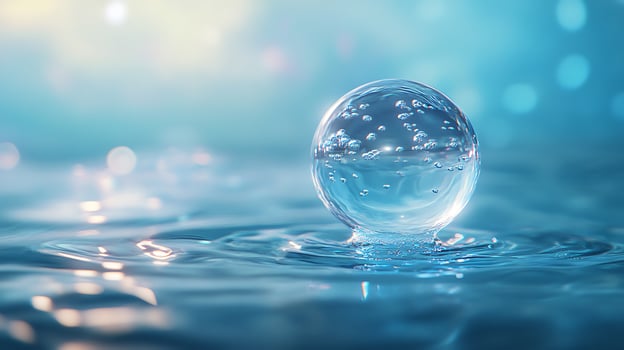Water sphere resting on the surface of water with small bubbles inside reflecting light and surface distortions photo