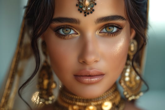 Close-up of a young woman with dark hair and stunning green eyes, adorned in intricate gold jewelry. photo