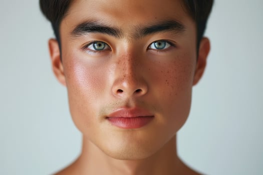 Intense gaze of a young Asian male with striking blue eyes and smooth skin. photo