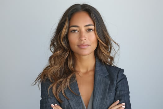Confident young woman of Hispanic descent in a tailored suit, exuding professionalism and poise against a soft gray background. photo