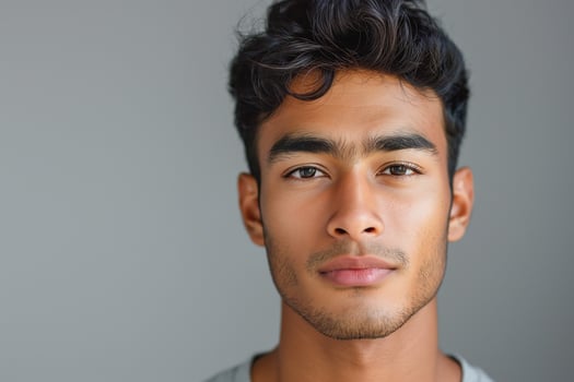 A young South Asian man with curly hair poses confidently against a neutral background, showcasing his striking features and strong gaze. photo