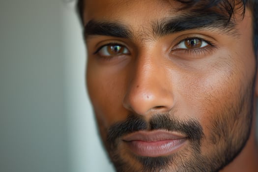 Close-up portrait of a South Asian male with striking brown eyes and a well-groomed beard, exuding confidence and charisma. photo