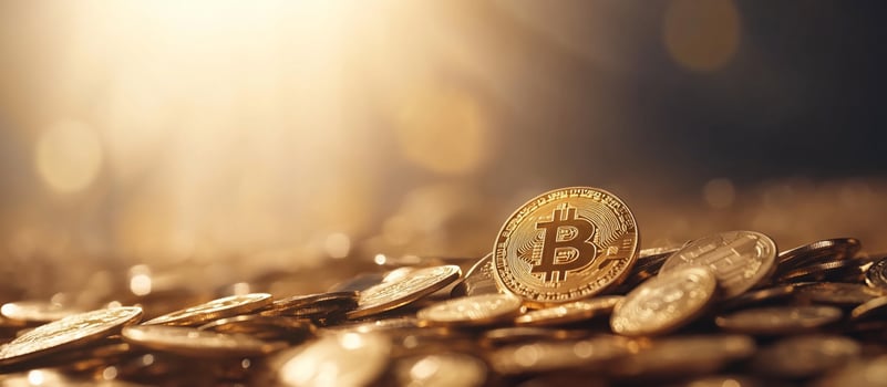 A close-up of Bitcoin coins against a soft, glowing background. photo