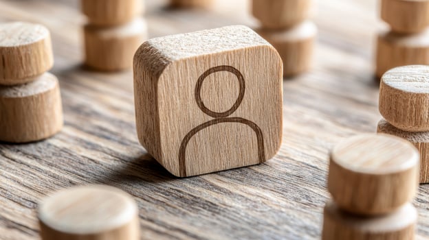 Wooden Blocks Representing Individuals in a Selective Environment, Featuring a Focused Cube with a Person Icon, Surrounded by Blurred Cubes, Emphasizing Individuality and Standing Out From the Crowd photo