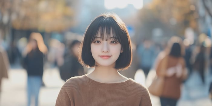 A young woman smiling in a bustling urban setting during autumn. photo