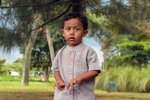 Young Boy in Traditional Outfit Playing Outdoors photo