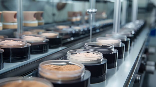 A production line operates in a cosmetic manufacturing facility, showcasing containers filled with various cosmetic powders. Workers monitor the process, ensuring quality control. photo