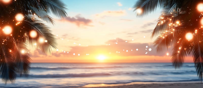Serene sunset over the ocean with palm trees and decorative lights. photo