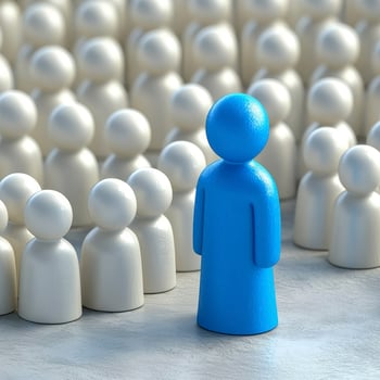 Stand out from the crowd Be unique, be different, and embrace your individuality A single blue figure stands among a sea of white figures, symbolizing leadership, innovation, and the power of being photo