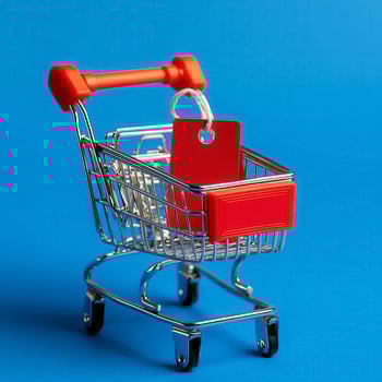 Shopping Cart with Red Tag on Blue Background Ideal Visual for Retail Promotions, E-commerce Sales, and Special Offers Use this image to illustrate shopping deals, discounts, price reductions, and photo