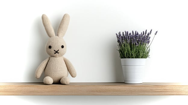 A charming wooden shelf showcases a knitted bunny toy next to a bright white pot filled with lavender. The minimalistic design creates a soothing atmosphere. photo