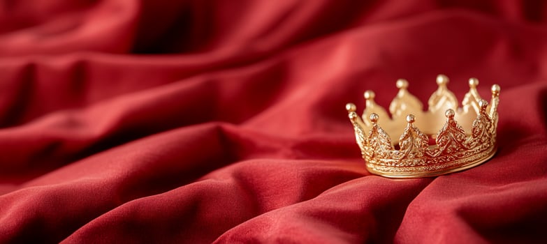 A golden crown sits on top of a red cloth photo