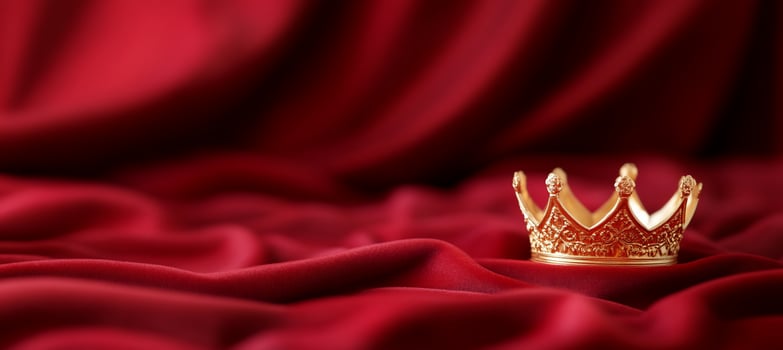 A golden crown resting on rich red fabric, symbolizing royalty and power. photo