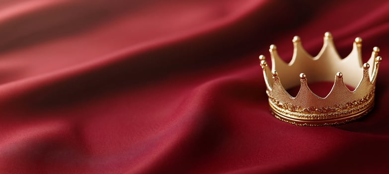 A golden crown resting on a rich red fabric background. photo