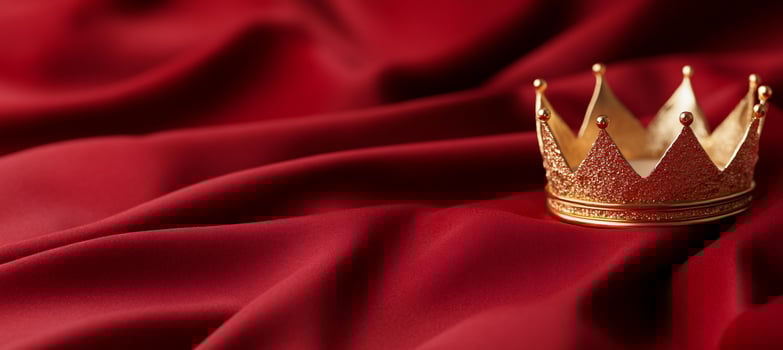 Golden crown on red silk fabric photo