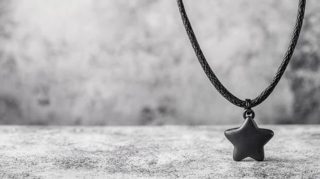 Star pendant hanging from a black cord on a textured surface photo