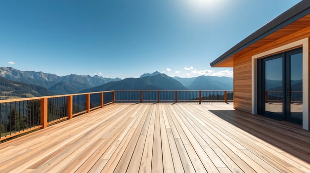 A wooden deck with a view of mountains photo