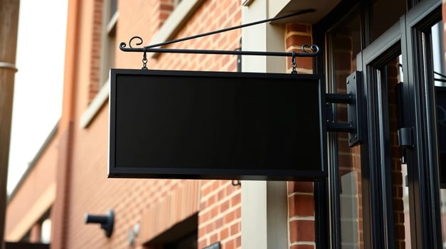 A black sign hanging on the side of a building photo
