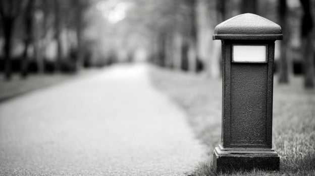 Black and white park path with vintage mail post box photo
