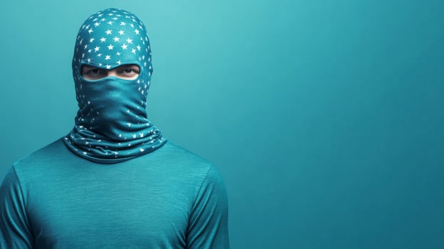 Person wearing a blue star patterned face covering indoors photo