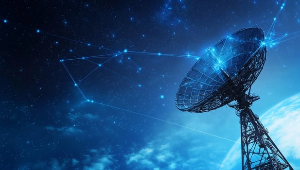 A satellite dish against a starry sky, symbolizing communication and technology. photo