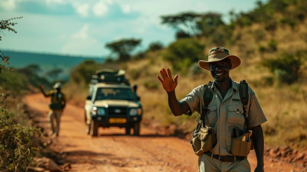 Two wildlife guides wave to travelers along a dusty road in an African reserve, surrounded by lush hills and vibrant skies during the late afternoon. photo