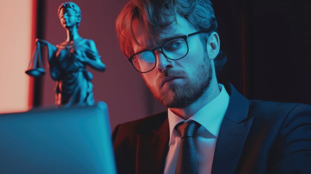 Tech Savvy Lawyer in Thoughtful Glance with Lady Justice Statue and Laptop photo