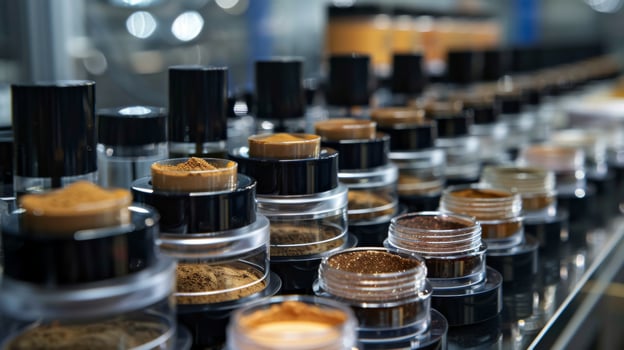 A variety of cosmetic powders are organized neatly in transparent jars on a production line in a contemporary beauty manufacturing plant, showcasing multiple shades and textures. photo