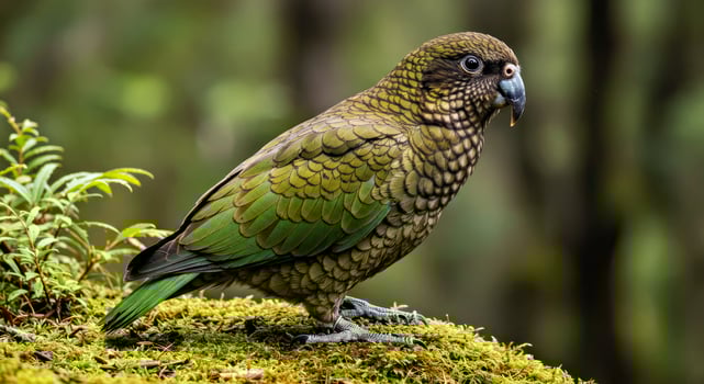 A green bird with a black beak sitting on top of a moss covered rock photo