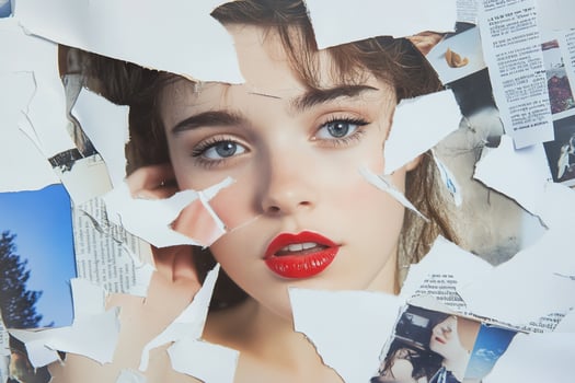 A close-up portrait of a young woman framed by torn paper. photo