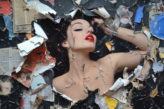 A woman emerges from a torn wall, exuding vintage glamour and allure. photo