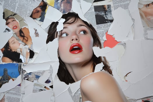 A striking portrait framed by torn magazine pages, highlighting beauty. photo