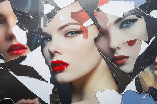 A collage of faces with striking makeup and red lips, showcasing beauty. photo
