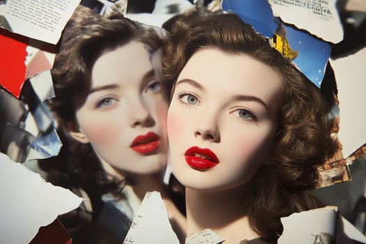 A vintage-style portrait of a woman surrounded by torn paper. photo