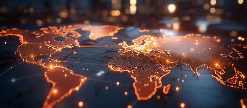 World map with network lines and city lights photo