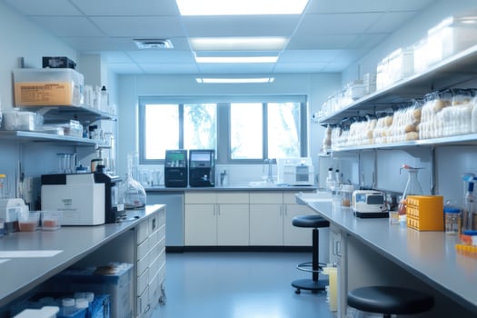 A lab with shelves full of bottles and jars photo