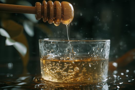 A glass of honey is poured into a bowl photo