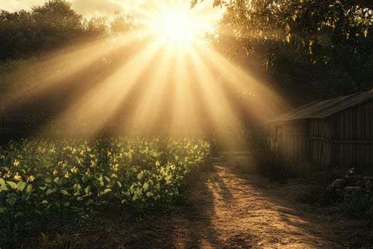 A sunlit field with a small wooden house in the background photo