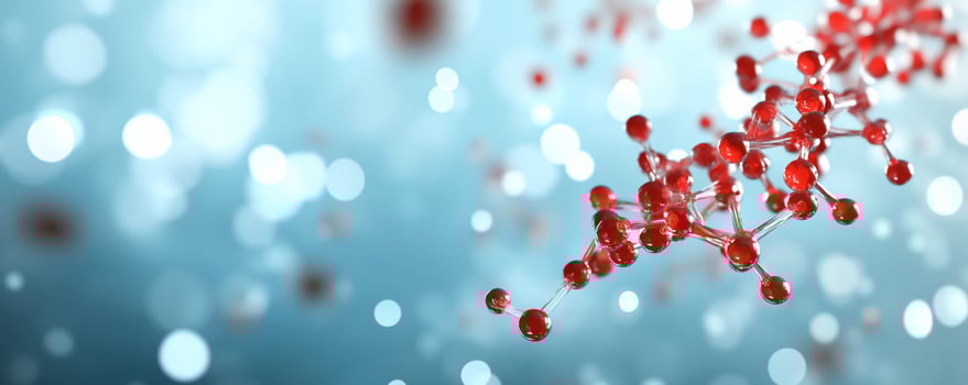 A red and white molecule on a blue background photo