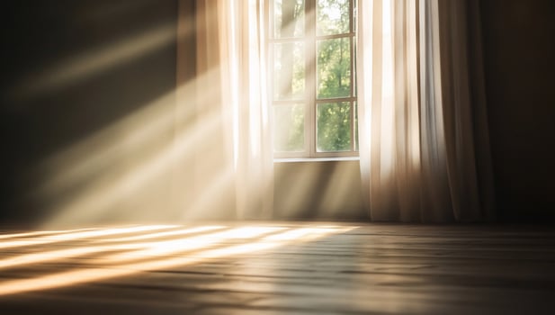 Sunlight streams through a window, illuminating a serene interior space. photo