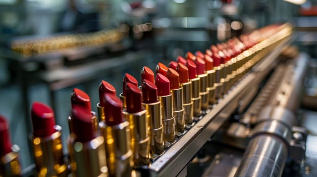 Bright red lipsticks are aligned neatly on a conveyor belt inside a factory. Workers in the background contribute to the production process during a busy daytime shift. photo
