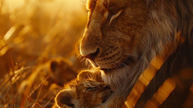 A lioness gently embraces her playful cub as they rest together in the golden grass of the savannah. The warm dusk light enhances the tender moment shared between them. photo