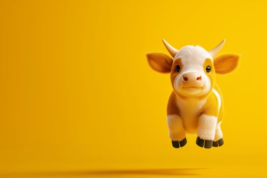 cute cartoon cow character jumping against bright yellow background, exuding joy and playfulness. This whimsical design captures essence of fun and creativity photo