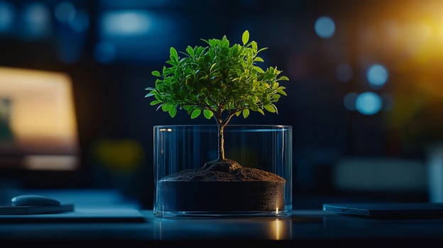 bonsai tree growing in glass case, showcasing vibrant green leaves and rich soil, illuminated by soft ambient light, creating serene atmosphere photo