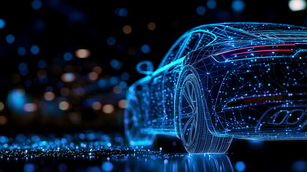 3D wireframe rendering of futuristic car illuminated with blue lights, showcasing digital hologram effect. background features blurred cityscape, enhancing modern aesthetic photo