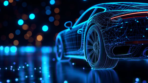 3D wireframe rendering of sports car with glowing lights, showcasing futuristic design and technology. vibrant blue and orange colors create dynamic atmosphere photo