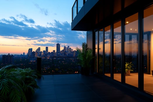 modern high rise residential balcony offers stunning view of Toronto skyline at sunset, showcasing city lights and lush greenery photo