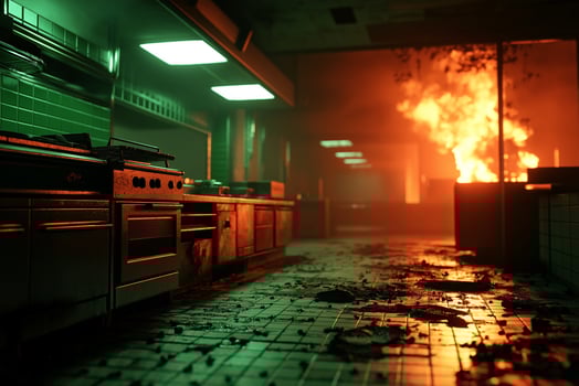 dirty and rusty commercial kitchen interior with fire and smoke. chaotic scene features damaged appliances, debris on floor, and intense orange glow from flames photo