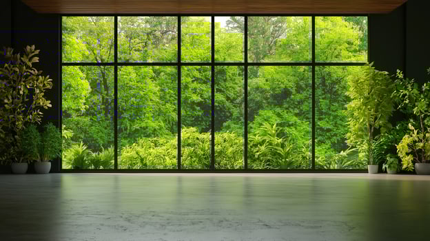 modern interior design featuring empty room with large windows showcasing lush green foliage outside. serene atmosphere invites tranquility and connection with nature photo