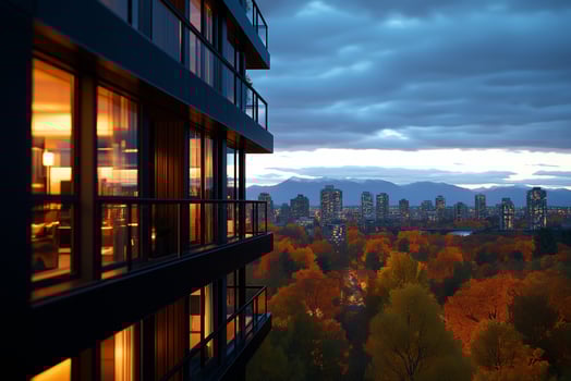 high rise residential building with warm lights, overlooking city skyline at dusk. autumn foliage adds vibrant colors to scene, creating cozy atmosphere photo